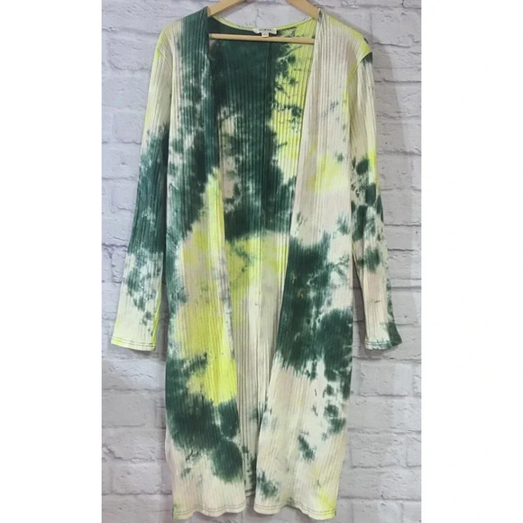 Umgee Tie Dye Duster Cardigan Women's Large Green Yellow Ribbed Slits Pockets - Picture 1 of 8